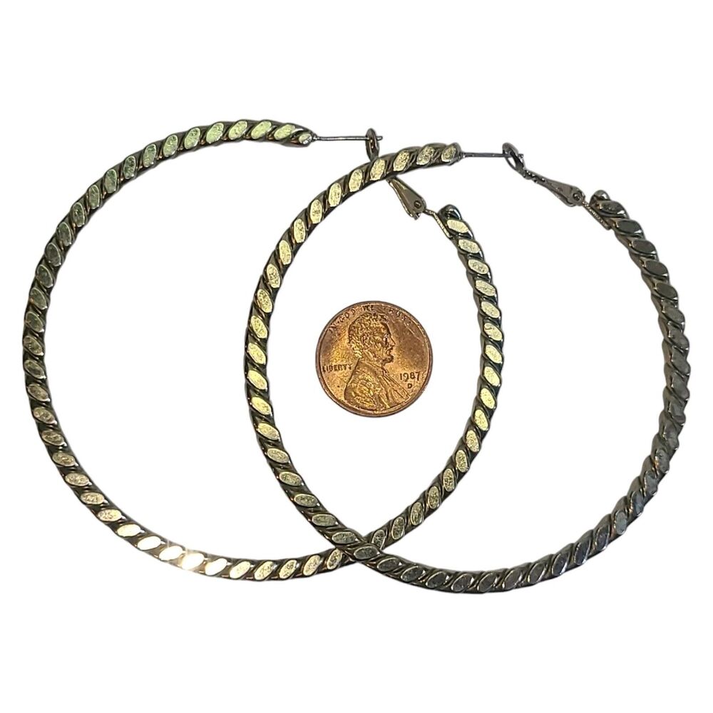 Vintage 90s Y2k Gold Tone‎ Flat Twist Big Hoop Earrings 3"